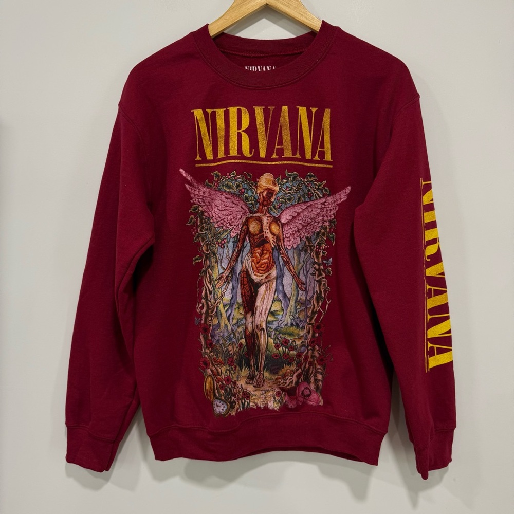 NIRVANA Band In Utero Forest Red Graphic Crewneck Sweater Size S